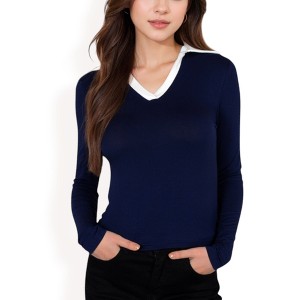 Anna-Kaci Women's Long Sleeve V-Neck Shirt with Contrast Collar - 1 of 4