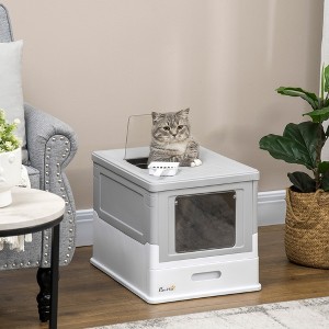 Whisen Rectangle Enclosed Cat Litter Box with Hard Covered Entry, Spacious Interior, Pull-Out Tray, Double Doors, and Scoop - Gray - 1 of 4