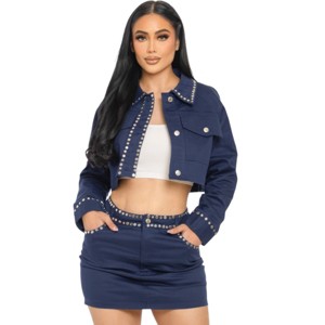 Slickblue Women's Two Piece Set, Embroidered Cropped Shirt and Skirt, Pocket Detail, Navy/Taupe, Size S-L - 1 of 4