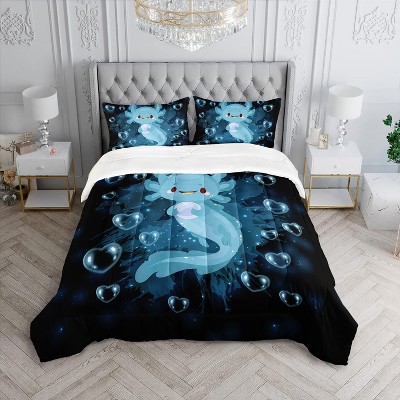 Hachikiko Blue Axolotl Comforter Set 3pc, 100% Microfiber, with 2 Pillowcases,Twin Size