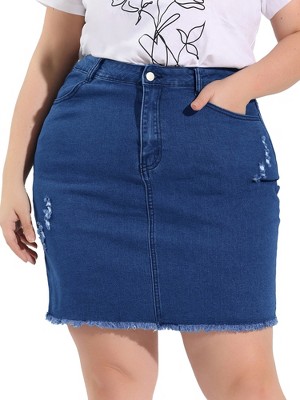 Agnes Orinda Women's Plus Size Raw Hem Denim Bodycon Skirt