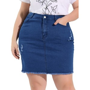 Agnes Orinda Women's Plus Size Raw Hem Denim Bodycon Skirt - 1 of 4