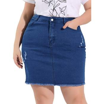 Agnes Orinda Women's Plus Size Raw Hem Denim Bodycon Skirt