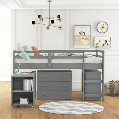 NicBex Twin Size Bunk Bed with Movable Desk Loft Bed Pine Bed Frame with Storage Cabinet, Shelf, Ladder and Guardrail, No Box Spring Required