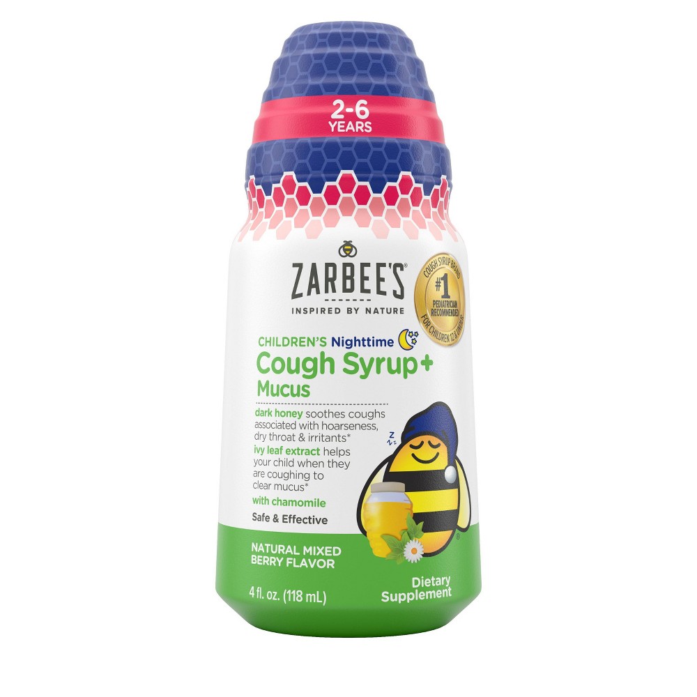 Zarbee’s Kids Cough + Mucus Nighttime with Honey  Ivy Leaf  Zinc & Elderberry  Mixed Berry  4FL Oz