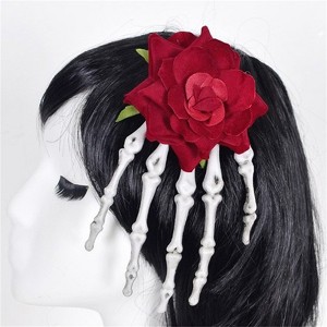 Clotth Halloween Rose Hands Hair Clips - Dual Use as Hair Clip and Brooch, Halloween Accessory, Plastic Decoration - Red Flower - 1 of 4