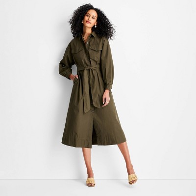 Women's Belted Maxi Shirtdress - Future Collective Dark Olive Green XS