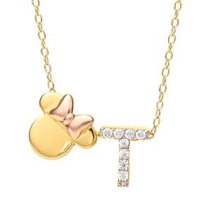 Disney Minnie Mouse Sterling Silver Gold Plated Cubic Zirconia Initial Pendant Necklace, 18" - Letter T - 1 of 4