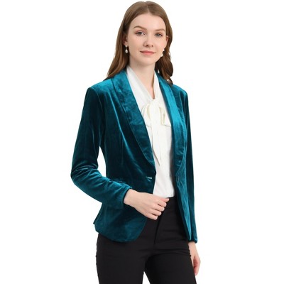 INSPIRE CHIC Women's Office Solid Shawl Collar Jetted Pockets One Button Velvet Blazer