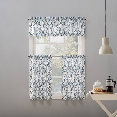White Geometric Print Polyester Kitchen Curtain Valance and Tiers Set