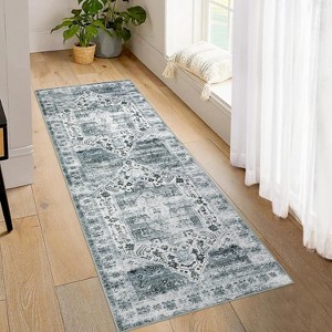 2'x6' Machine Washable Runner Rug, Non-Slip Backing, Vintage Low Pile, Boho Style for Kitchen, Entryway, Laundry Room, Blue - 1 of 4