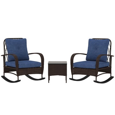 Outsunny 3 Pieces Patio Furniture Set, Wicker Rocking Chairs with Coffee Table, Cushions, Outdoor Bistro Set for Porch, Garden