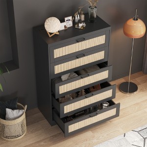 Rattan 5 Drawer Dressers for Bedroom,with Deep Drawers,Large Chest of Drawers for Closet with Wide Top,Long Wooden Dresser for Living Room,Hallway - 1 of 4