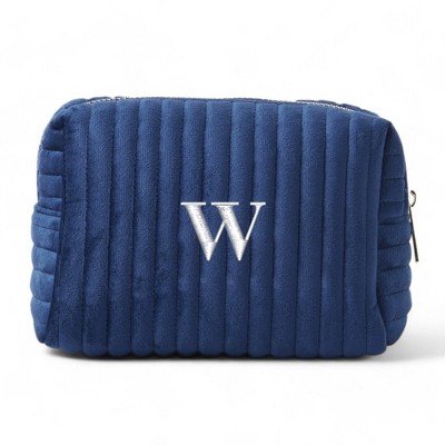 Personalization Mall Embroidered Initial Small Navy Velvet Makeup Bag