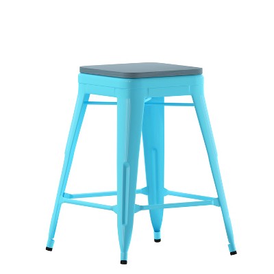 Emma and Oliver Set of Four Backless Metal Stools with All-Weather Poly Resin Seats for Indoor Use Only