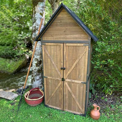 Dark Brown Fir Wood Outdoor Storage Shed with Shelving
