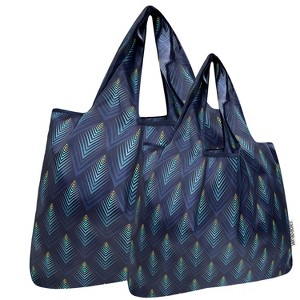Wrapables Large & Small Foldable Nylon Reusable Shopping Grocery Bags (Set of 2), Peacock Blue - 1 of 4