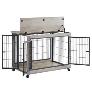 GustoWave 38'' W x 25'' D Dog Crate Furniture, Wooden Heavy Duty Dog Crate with Wheels, Double Doors Dog Cage with Wheels, Grey - 1 of 4