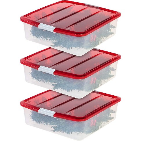 OSTO Clear Plastic Christmas Ornament Storage Box Stores Up to 128  Ornaments of 3”; 2-way zipper,Carry Handles. Tear Proof and Waterproof Red  Trim