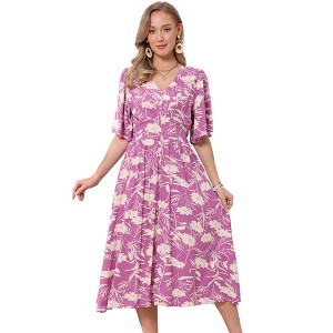 INSPIRE CHIC Women's Floral Casual Summer Ruffle Sleeve V Neck Beach Boho A Line Midi Dresses - 1 of 4