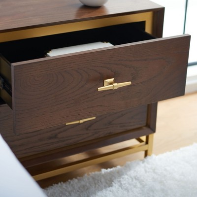 Walnut and Brass 2 Drawer Modern Nightstand with Gold Trim