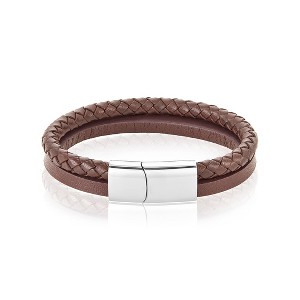 Adornia Men's Tarnish Resistant Rhodium Plated Magnetic Brown Leather Bracelet - 1 of 2