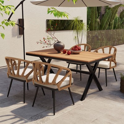 Chic Crate - 5-Piece PE Rattan Patio Set - Waterproof Synthetic Wood Table & Chairs for Outdoor Living (Taupe Beige)