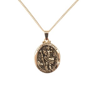 Dicksons Saint Christopher Protect Us Engraved Pendant 18 Inch Oval Gold Oxidized Pewter Necklace in Jewelry Box with Prayer Card - 1 of 4