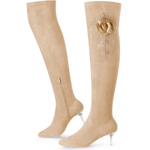 BLISSFUL STEP Women's Pointed Toe Stiletto Heel Rhinestone Flower Over the Knee High Dress Boots - 1 of 4