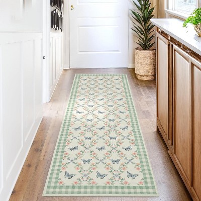Acekool 2x6 Green Floral Rug - Washable Non-Slip Indoor Runner with Butterfly Pattern for Living Room, Bedroom, Kitchen