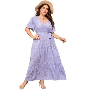 BLUEMING Summer Maxi Dress for Plus Size Women Tie Wasit Surplice Dress Flutter Sleeve A-Line Dress - 1 of 4