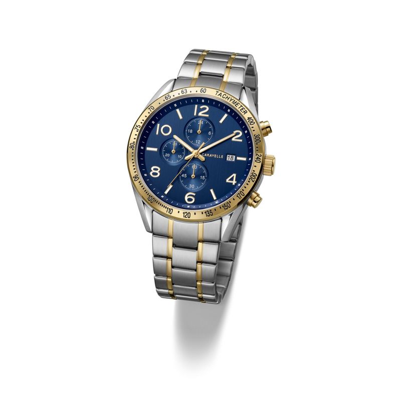 Caravelle designed by Bulova Men's Sport Chronograph Quartz Two Tone Stainless Steel Watch, Blue Dial, Luminous, 44mm Style: 45B152, 4 of 7
