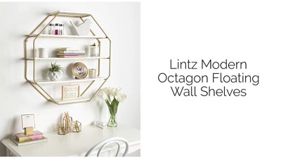 Walnut Brown and Gold Octagon Floating Wall Shelves