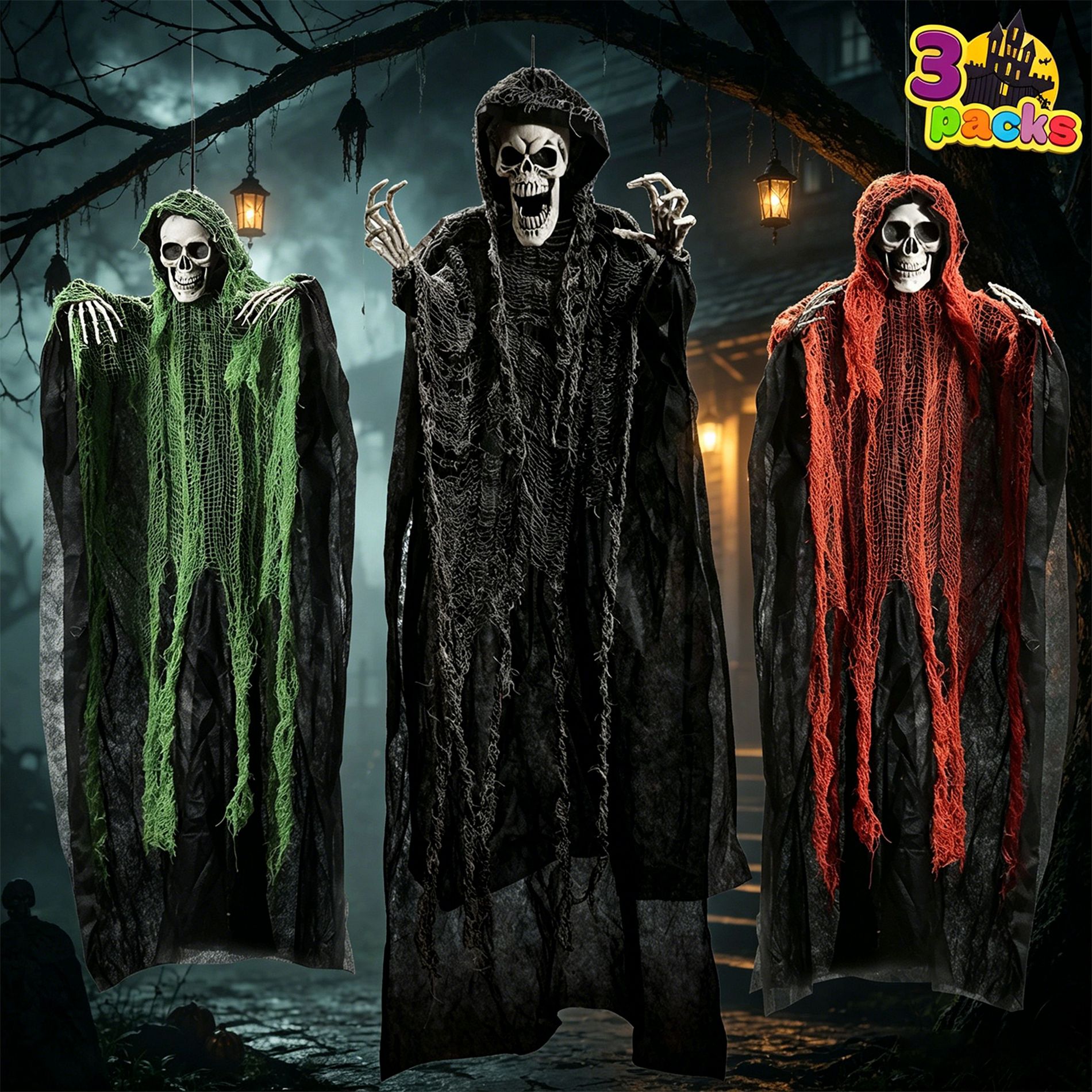 Joyfy 3 Packs Halloween Decoration, Hanging Grim Reapers, Halloween Skeleton Flying Ghost Prop for Halloween Party Indoor Outdoor, Haunted House Decor