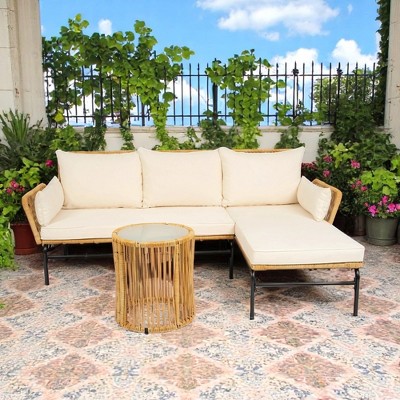 Mshliw 3-Piece Outdoor Patio Wicker Furniture Set with Table, Cushions, and Comfortable Sofa Seating –Wicker & Cushions for Garden, Porch, or Balcony