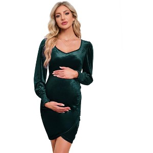 Women's Maternity Velvet Dress Bodycon Long Sleeve Sweetheart Ruched Wrap Split Cocktail Dress Photoshoot Baby Shower - 1 of 4
