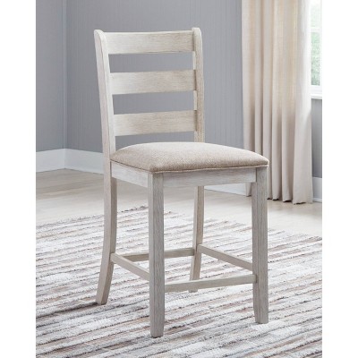 Transitional Ladderback Bar Stool in Distressed White and Light Brown