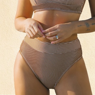 Women's Striped High-Waisted Wide Waistband Bikini Bottoms - Cupshe