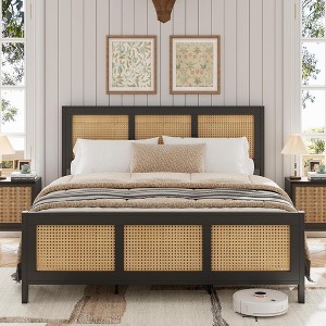 Full Size Rattan Bed Frame with Headboard, Black Boho Cane Platform Bed Frame with Strong Metal Slat, Noise Free, No Box Spring Needed - 1 of 4