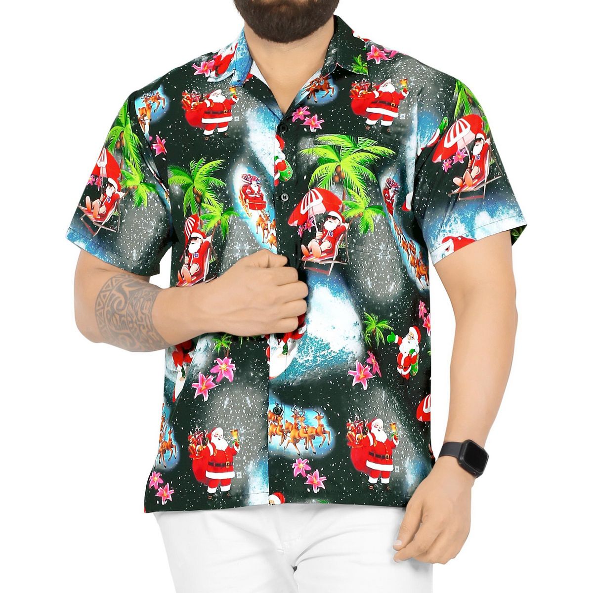 HAPPY BAY Mens Hawaiian Christmas Tree Shirts Short Sleeve Button Down Shirt Men's Tropical Shirts Shirts for Men Funny 5XL Black