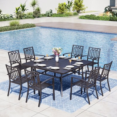 Captiva Designs 9pc Spacious Slat-top Square Metal Table with Umbrella Hole & Steel Stackable Chairs