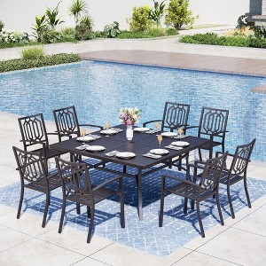 Captiva Designs 9pc Spacious Slat-top Square Metal Table with Umbrella Hole & Steel Stackable Chairs - 1 of 4