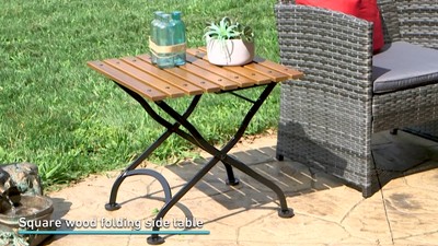 Chestnut Wood and Black Steel Folding Square Patio Side Table