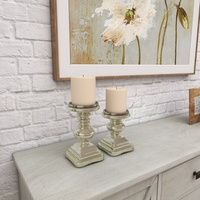 Elegant Silver Mercury Glass Pillar Candle Holder Set, 9" & 7"H