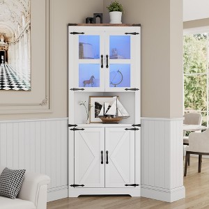 Farmhouse Corner Cabinet with Lights, Tall Corner Storage Cabinet with Glass Door & Adjustable Shelves - 1 of 4