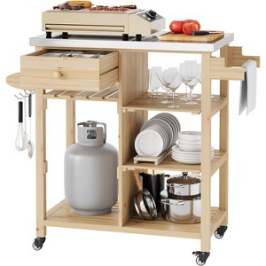 Wood Stainless Steel Rolling Grill Table with Storage, Top Pizza Oven Stand, Spice Rack, Kitchen Cart Island for Kitchen, Patio, Garden - 1 of 4
