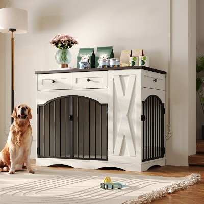 43" Dog Crate Furniture, Chew-Resistant Indoor Dog Kennel with Drawers & Removable Feeder, Wood Decorative Dog Cage End Table for Small/Medium Dogs