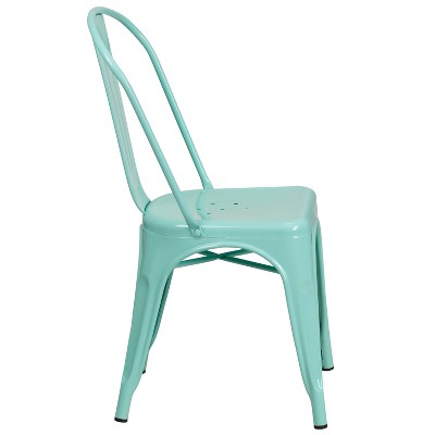 Mint Green Metal Armless Stacking Dining Chair with Slat Back