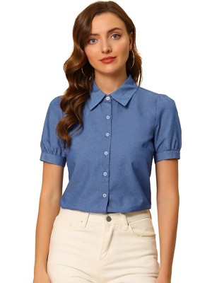 Allegra K Women's Point Collar Short Sleeve Button Down Denim Shirt