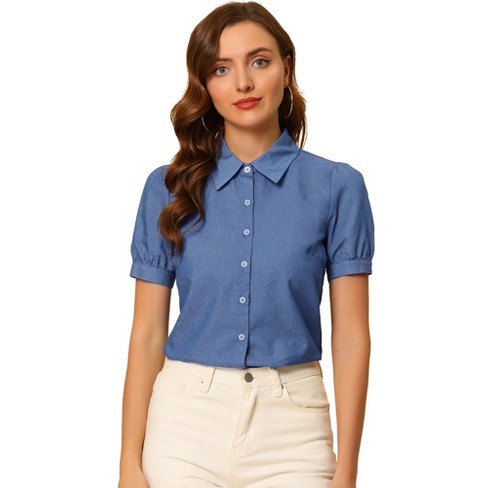 Allegra K Women's Point Collar Short Sleeve Button Down Denim